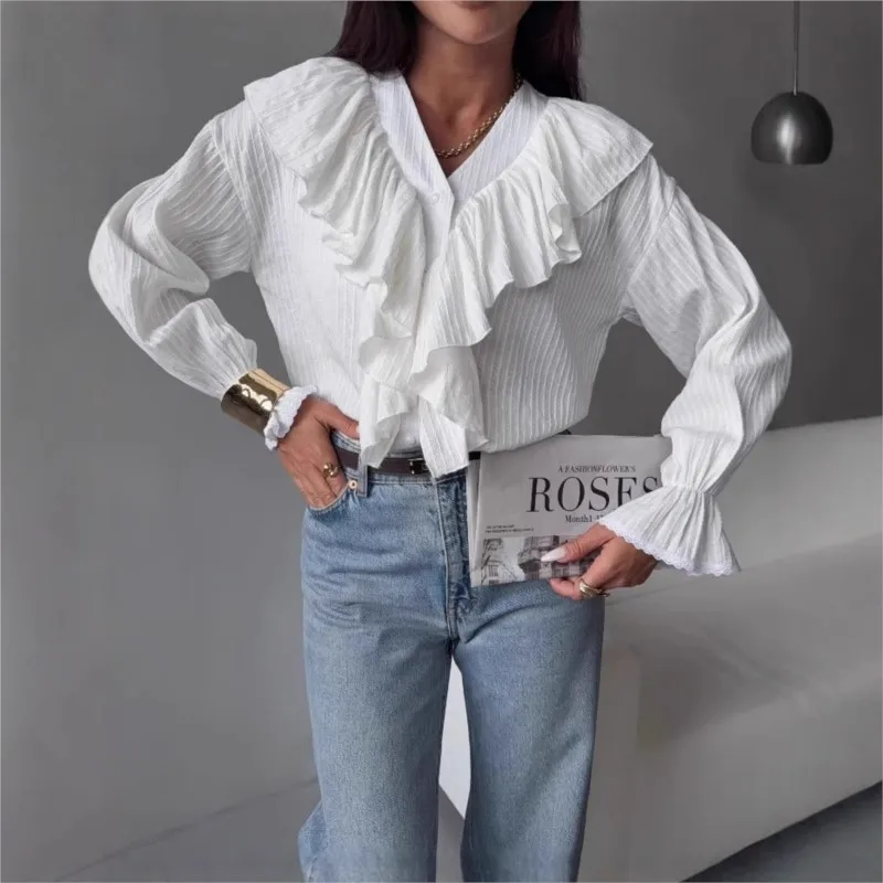 

Simple Woman's Shirt Early Spring Loose V-neck Ruffles Solid Color Ladies Top Casual Retro Design Sense Fresh And Sweet Lady Top
