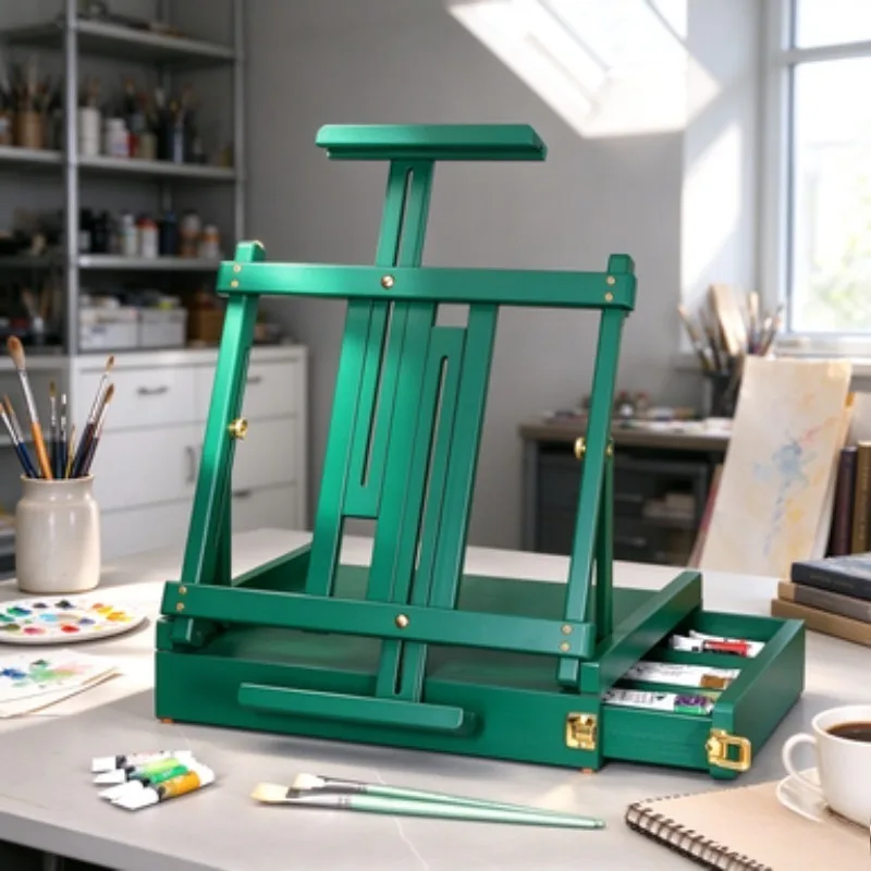 Beech Wood Handheld Desktop Oil Paint Box Drawer Type Sketch Easel Foldable Portable Art Case Painting Supply Storage Organizer