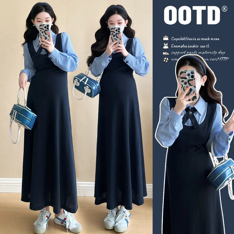 maternity-dress-2025-autumn-new-large-size-college-style-long-sleeve-knitted-skirt-sweet-temperament-splicing-fake-two-pieces