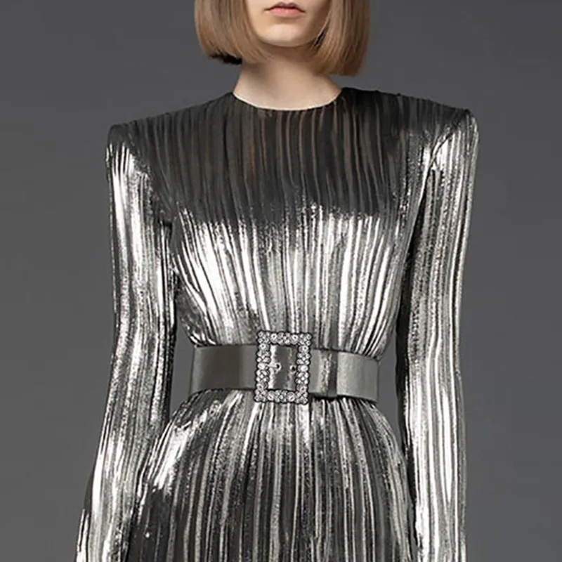 HKSH Autumn New Women Chic Dress Long Sleeve O-neck Belt Fashion Urban Techwear Punk Trendy Ins Silver Short Gown Dresses HK8211