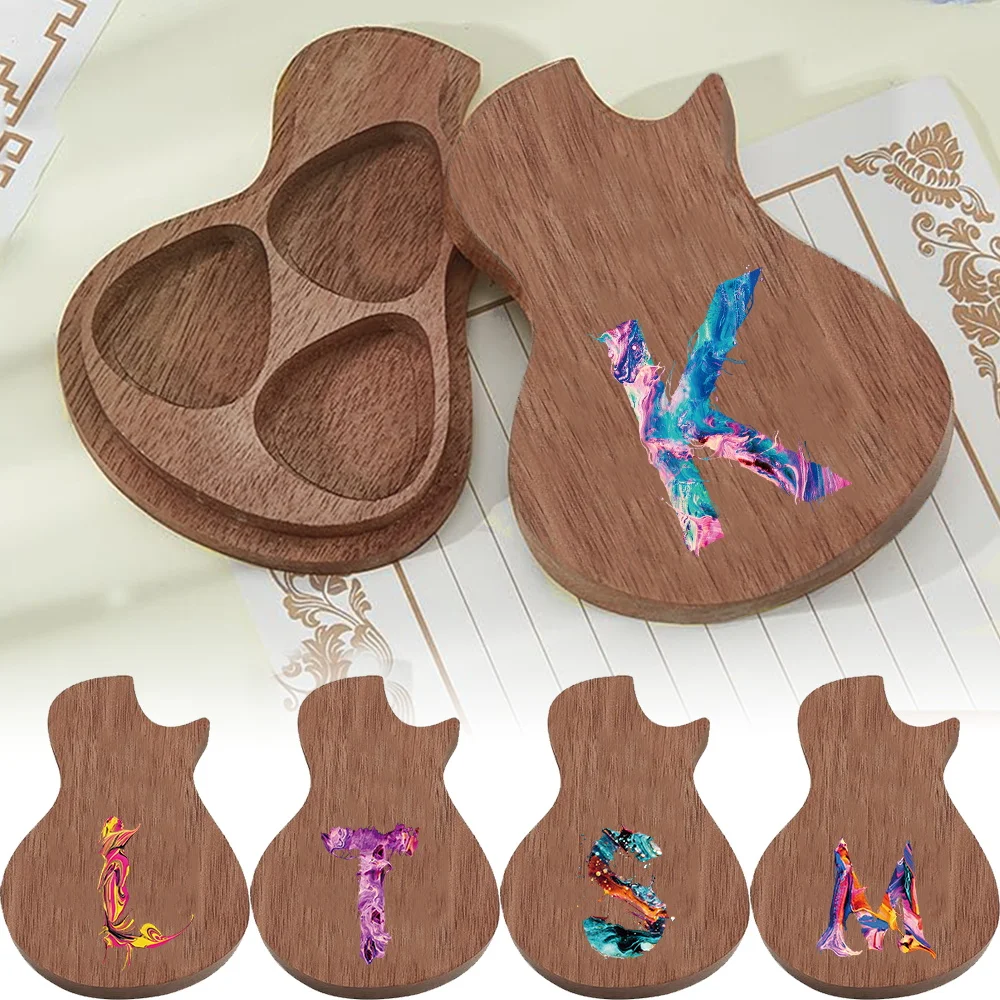 

1pc Wooden Guitar-Shaped Picks Box With Paint Patterns Fit Plectrum Musical Instrument Accessory Initial Name 26 Letters Pattern