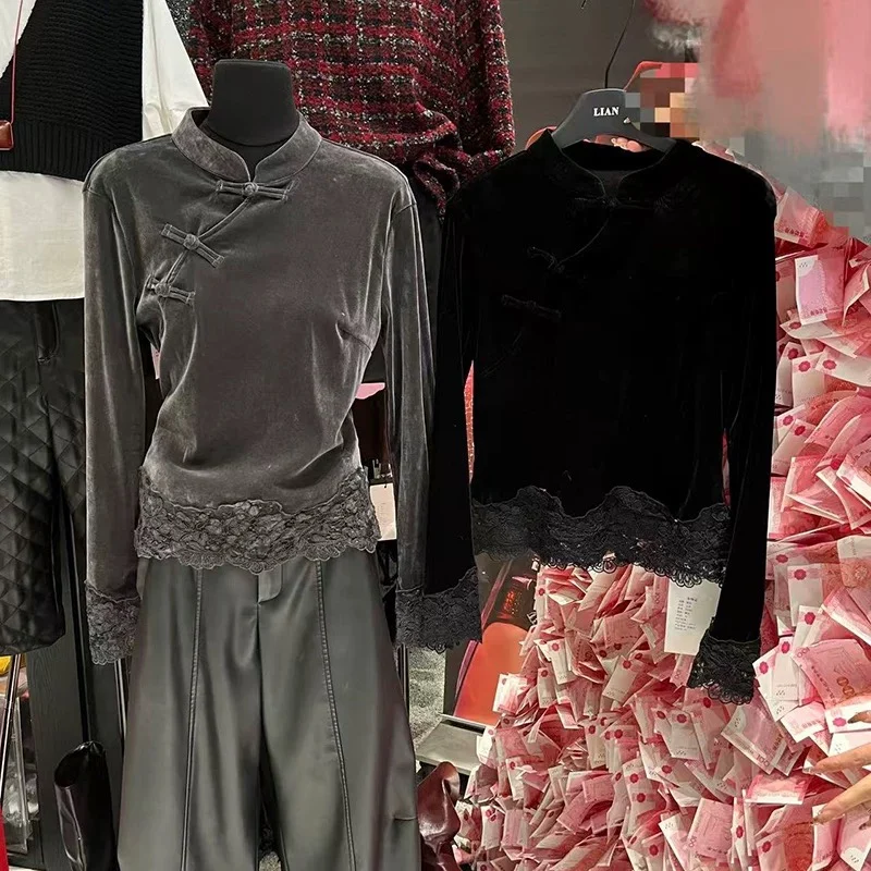 T-shirt Ele Velvet da donna Primavera 2026 Lungo Sve Colletto alla coreana Patchwork in pizzo Orlo retrò Fine Top Pendolarismo Sle Corea...