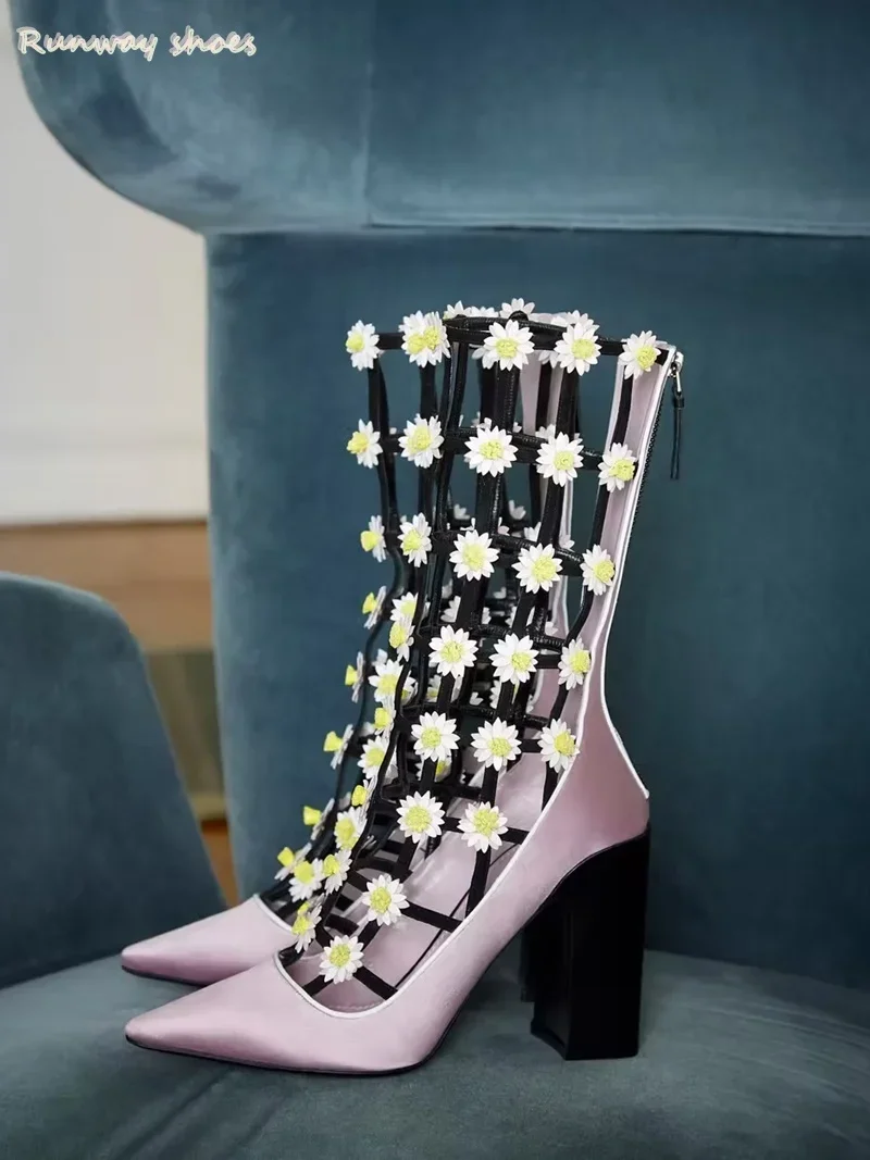 Spring Small White Flowers Decorate Decorative Mesh Cutouts Women's Sandals Satin Fabric Pointed  Zippered Mid-calf Boots