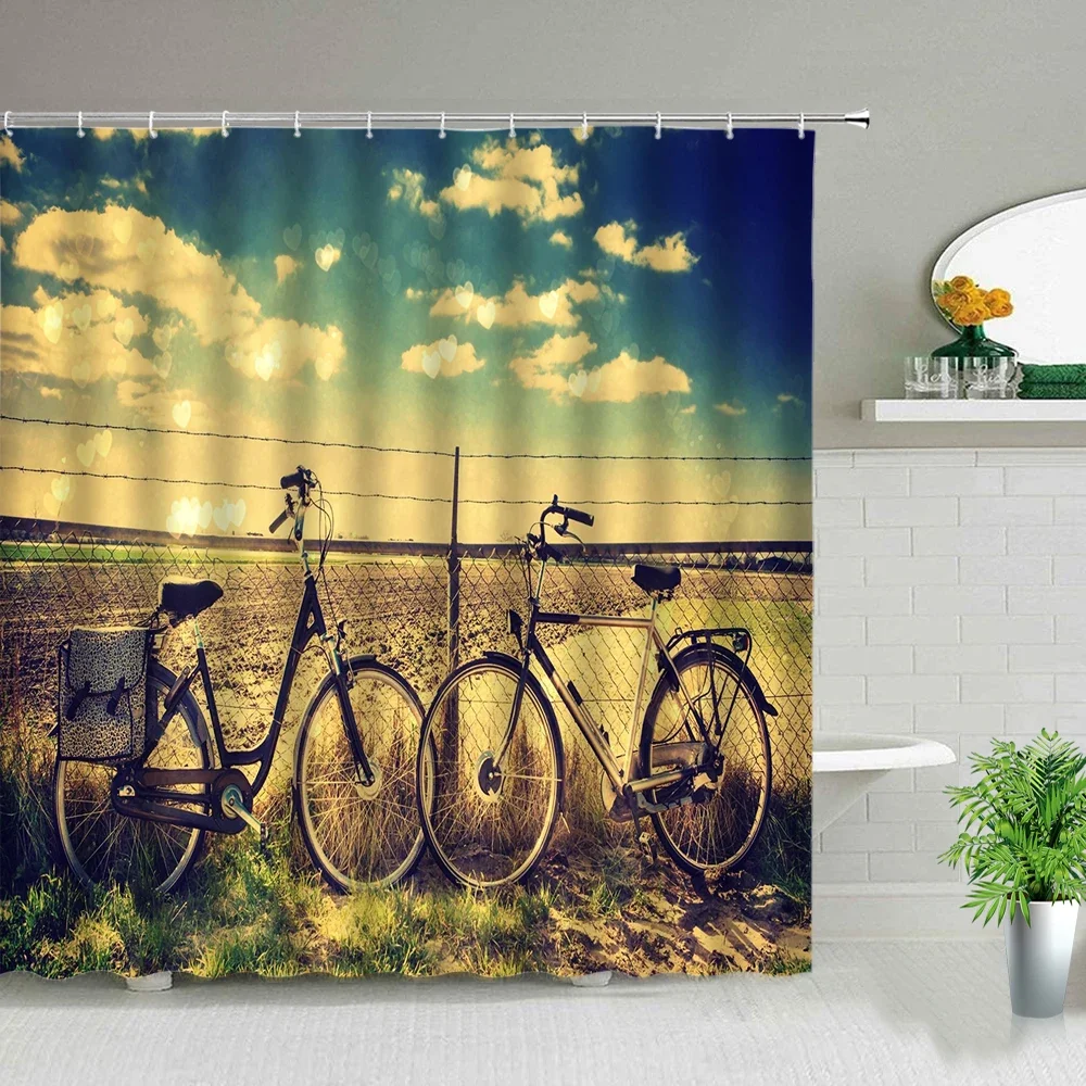 Retro Old Street Building Bicycle Landscape Shower Curtains European Style Poster Bathroom Curtain Waterproof Fabric With Hooks