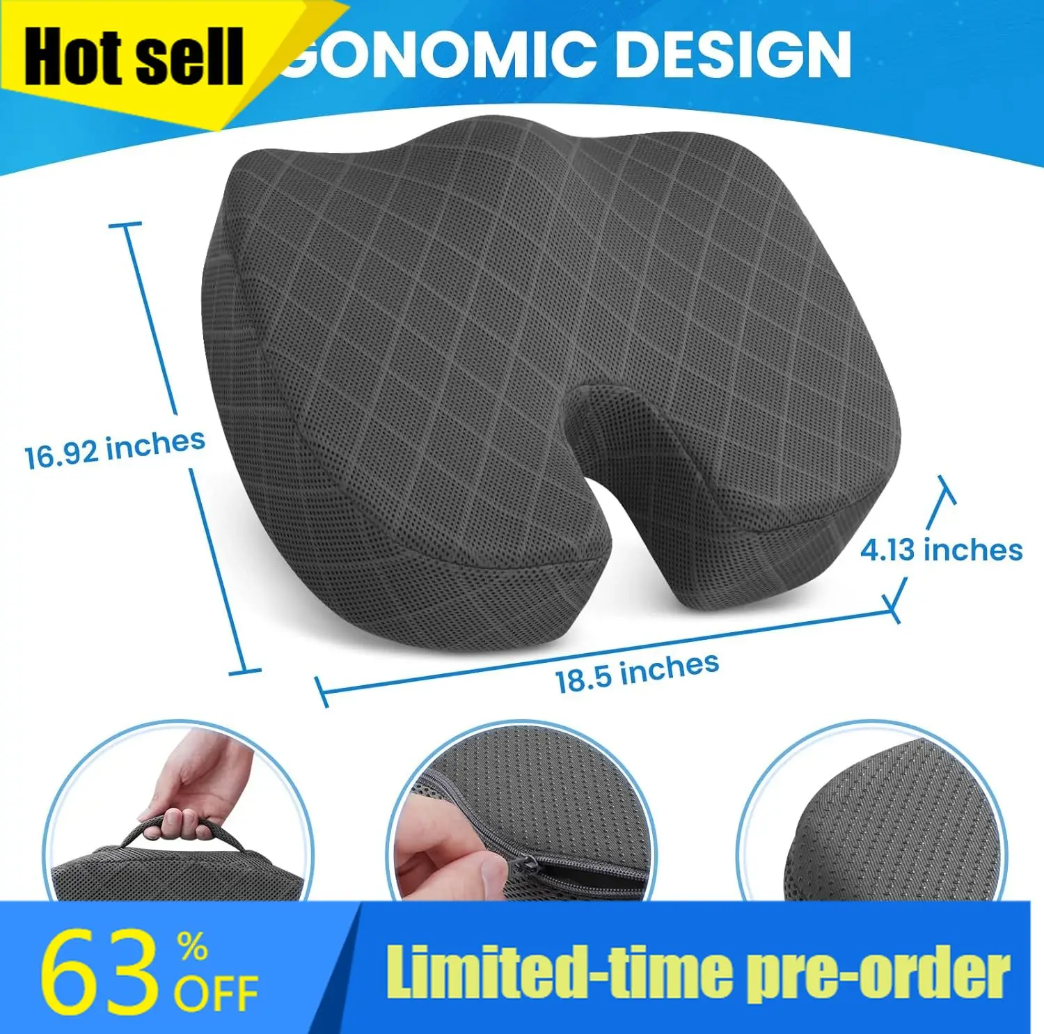 

Car Seat, Airplane, Bleacher - Sciatica Coccyx Pain Relief Desk Chair Cushion for Long Sitting Office Workers