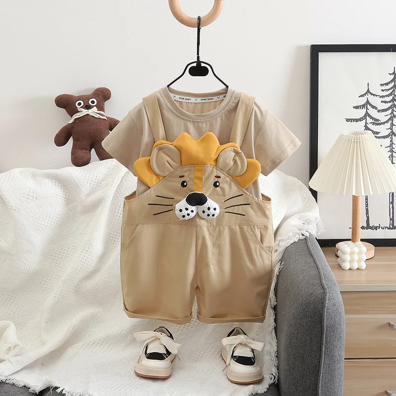 Children Summer Kids Boys 2PCS Clothes Set Cotton Cartoon Lion Tops T-shirt Suspender Pants Suit Toddler Baby Boys Outfits