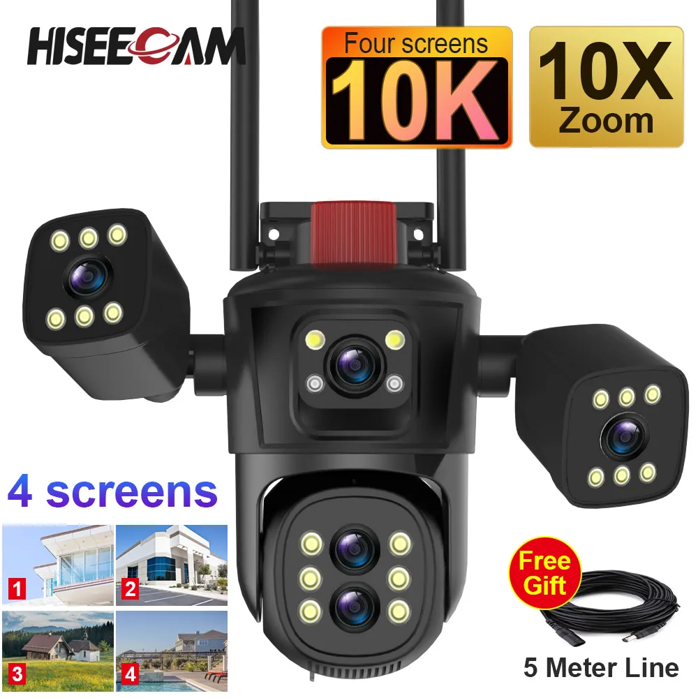 

10K 20MP Outdoor Wireless Wifi Security Camera 5 Lens 4 Screens 10X Zoom Human Detection Auto Tracking PTZ IP CCTV Camera