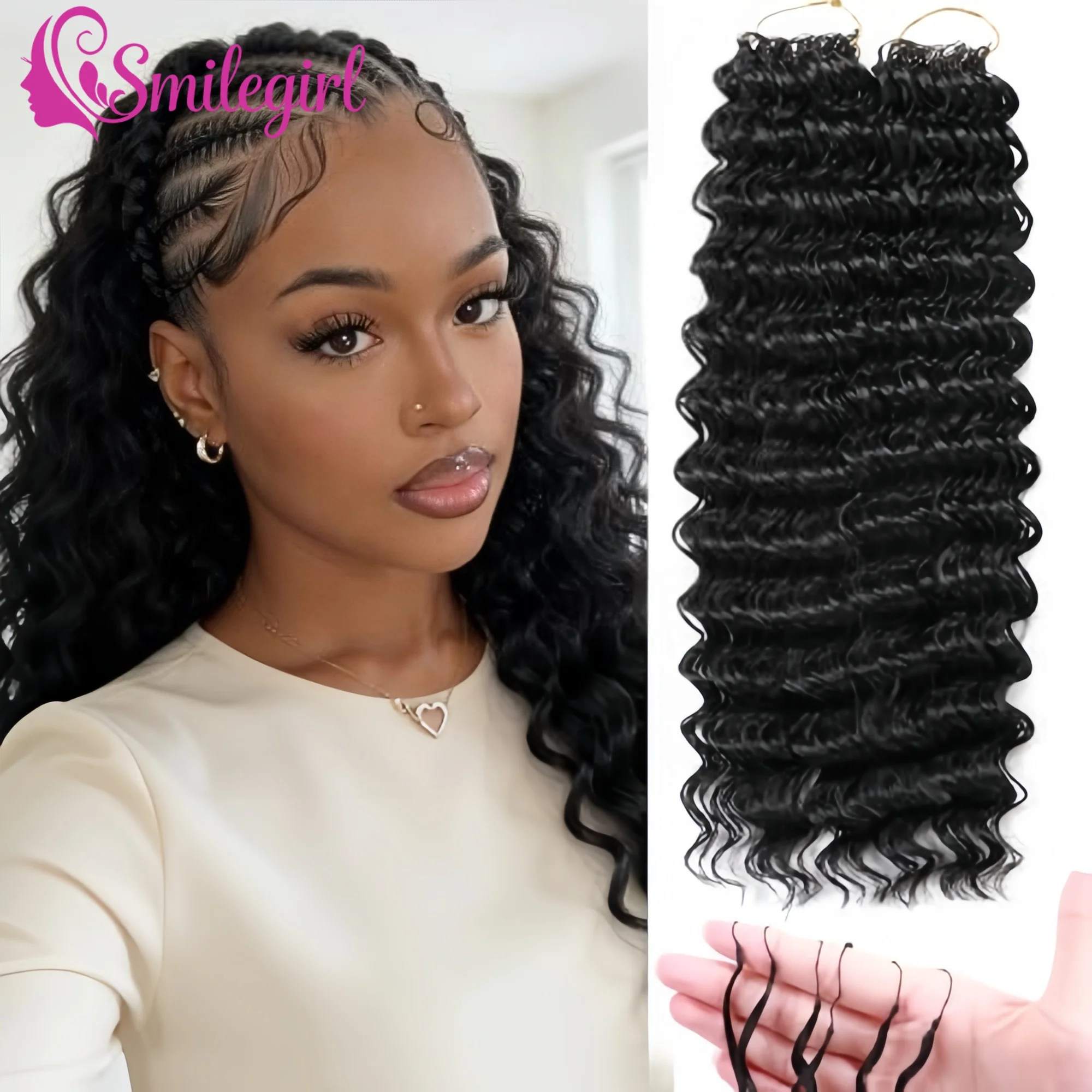 

Curly Feather Crochet Hair Human Hair 100 Roots Pre-Separated Miracle knot 30 Inch Deep Wave Crochet Hair For Quickly Install For Women
