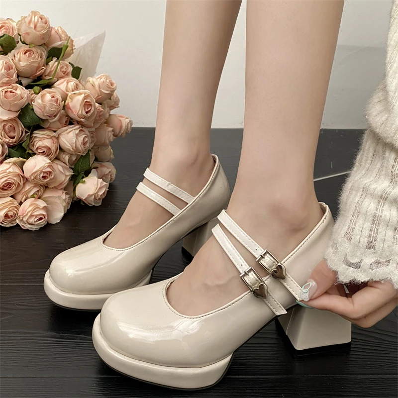 

2024 Mary Jane High Heels Fairy Wind French Square Head One Buckle Simple Waterproof Platform High Heels