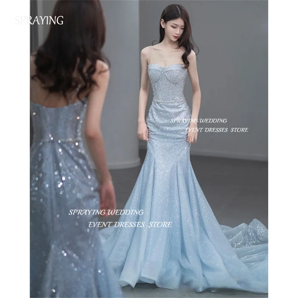 

SPRAYING Elegant Mermaid Sky Blue Evening Dresses Korea Photoshoot Sweep Train Shiny Bling Prom Gowns Formal Party Wedding Photo