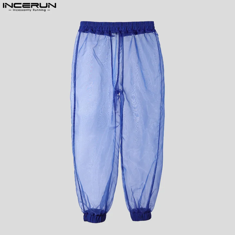 INCERUN الرجال السراويل شبكة المرقعة انظر من خلال سستة ركض مثير بنطلون الرجال الشارع الشهير 2025 كتلة اللون موضة الرجال السراويل الطويلة #5