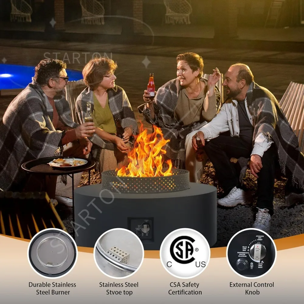 3-Piece Outdoor Fire Pit Table, 32 Inch Propane Fire Table 65,000 BTU Black Round Gas Firepit, Baking Sheet
