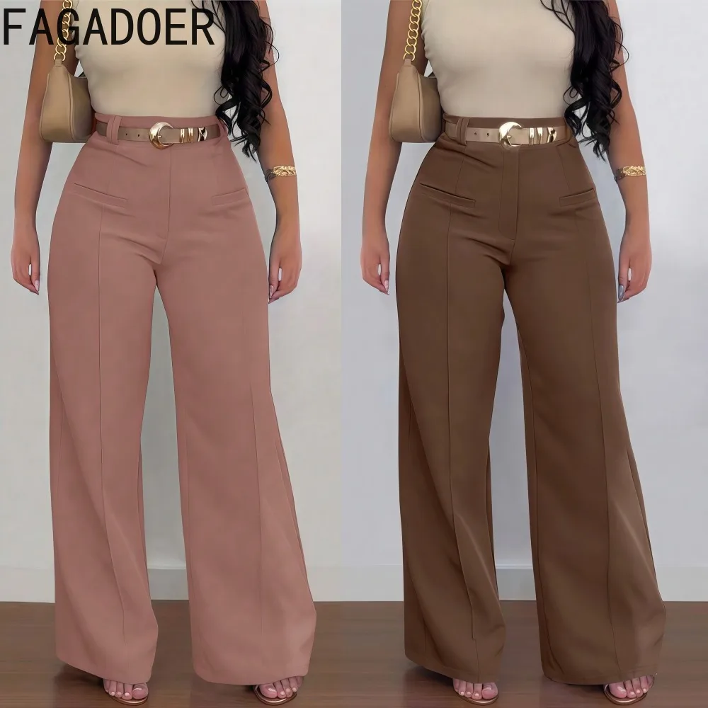 

FAGADOER Casual Straight-leg Pants Women Solid Color High-waisted Wide-leg Pants Female Streetwear Trousers Excluding Waist Belt
