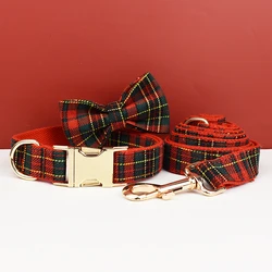 Christmas Dog Collar Customized Designer Logo Red  lattice  on  Soft Cotton Dog Collar Leashes Pet Harness Luxury Dog Leash Set