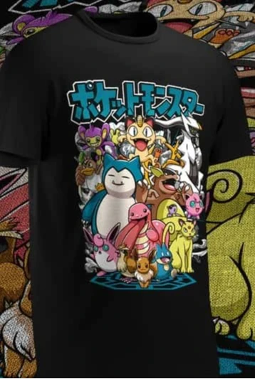 Pocket Monsters All Person Group Photo Cotton T-shirt Japanese Anime Style Large Size Loose Men and Women Summer  Short Sleeve