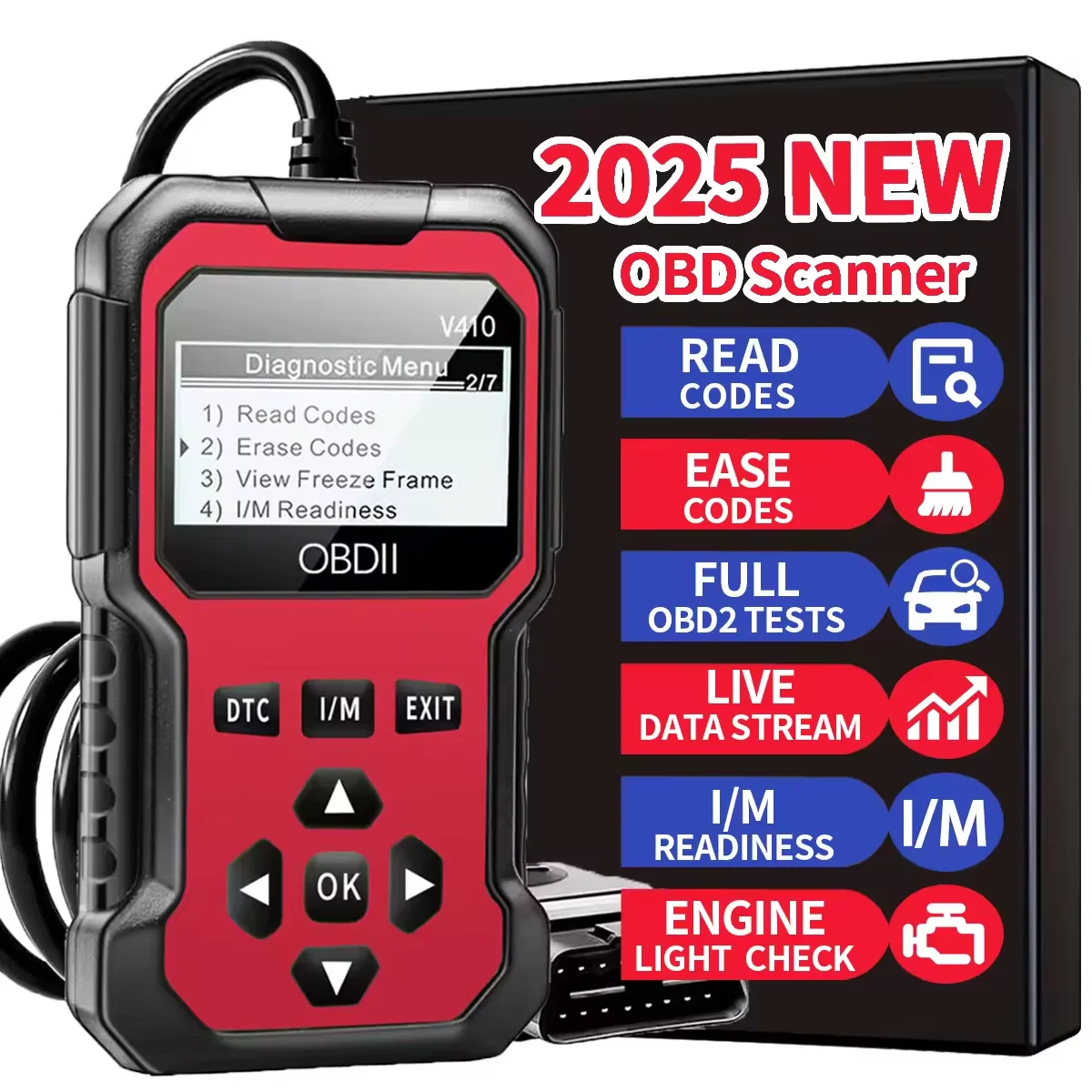 

V410 Профессиональный сканер OBD2, диагностический инструмент, считыватель кодов неисправностей двигателя, проверка света двигателя, фиксация живых данных и кодов для автомобилей/грузовиков