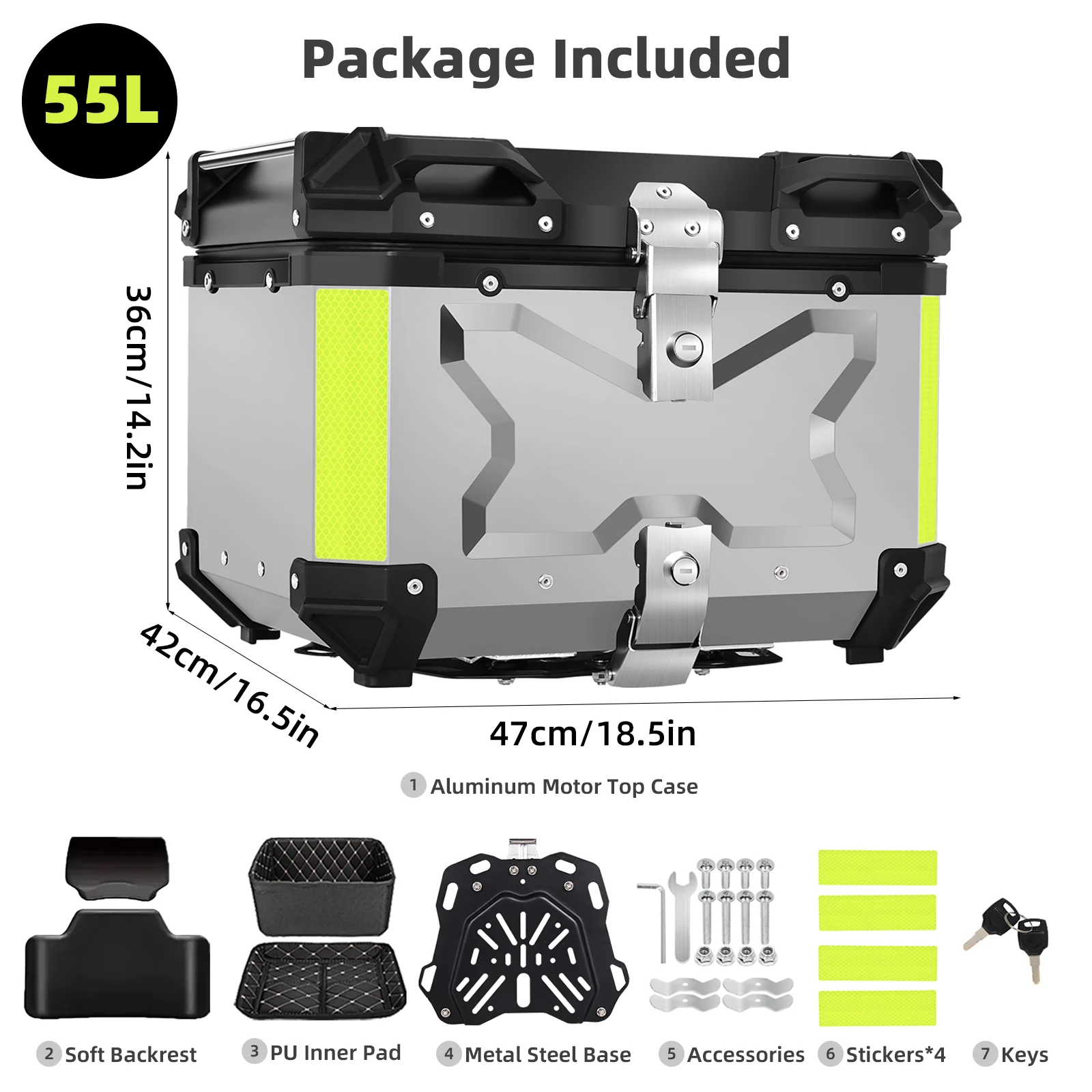 65L Topkoffer Aluminium Motor Topbox met Binnenvoering & Rugleuning Universele Afneembare Achterkoffer met Dubbele Sloten Waterdichte Helmen Opberg Bagagekoffer