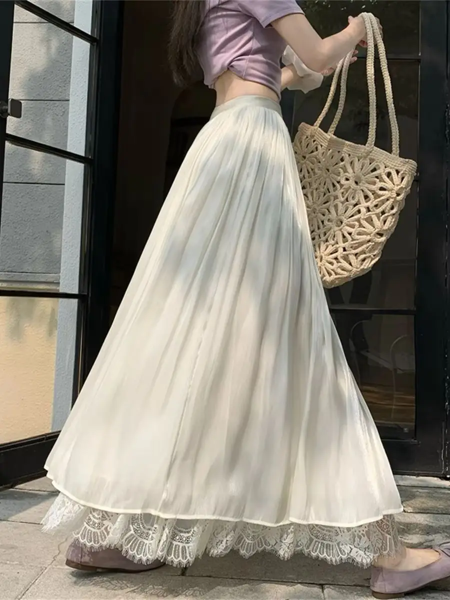 

Summer 2026 Shimmering Tulle Lace High-Waisted A-Line Skirt for Women Fashion Lace Splice Flowing Long Skirt