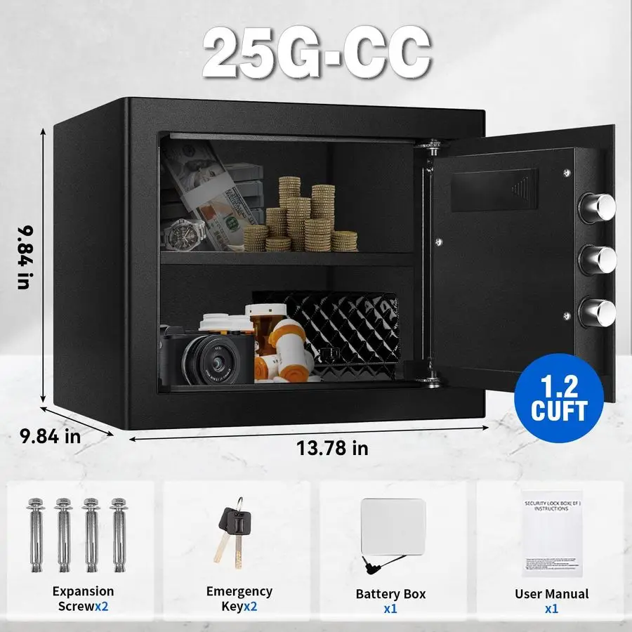 Home Small Safe Fireproof Waterproof for Document 1.2 Cuft Safety Safe Box with Emergency Battery Box, Digital Keypad amp Key, R