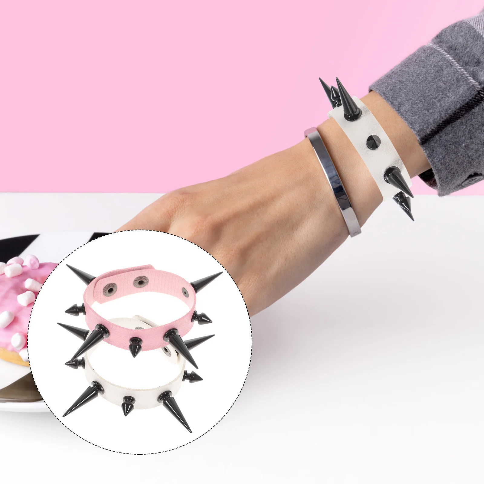 2 قطعة سوار Pu مع المسامير الشرير الكفة القوطية نمط السائق ملحق للرجال النساء خاتم هدايا مجوهرات أنيقة #2