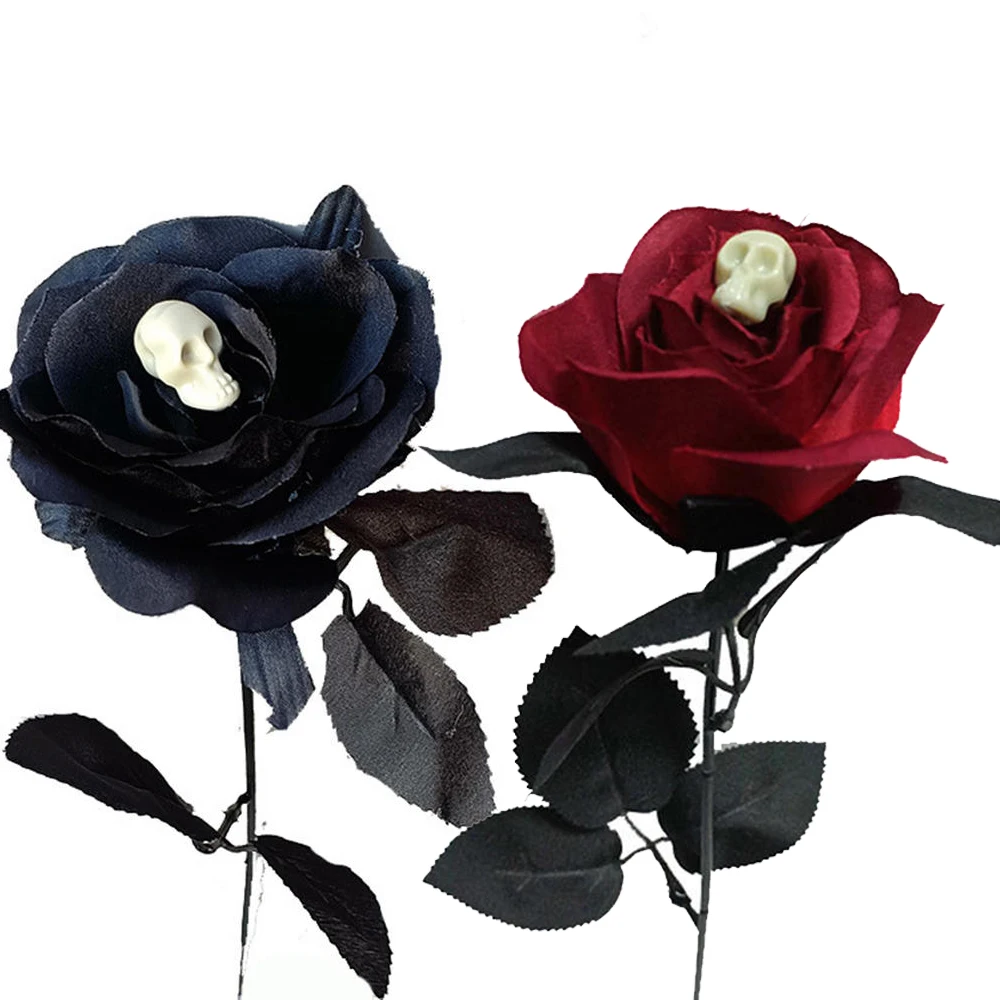 Halloween Decoration Black Artificial Rose With Skull Head Stamen Red Purple Fake Flower Gothic Home Table Decor Party Ornament