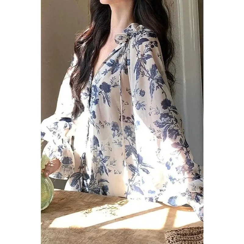 Women's Summer Floral Print Chiffon Blouse Long Sleeve Tie Neck V Neck Casual Shirt view 3