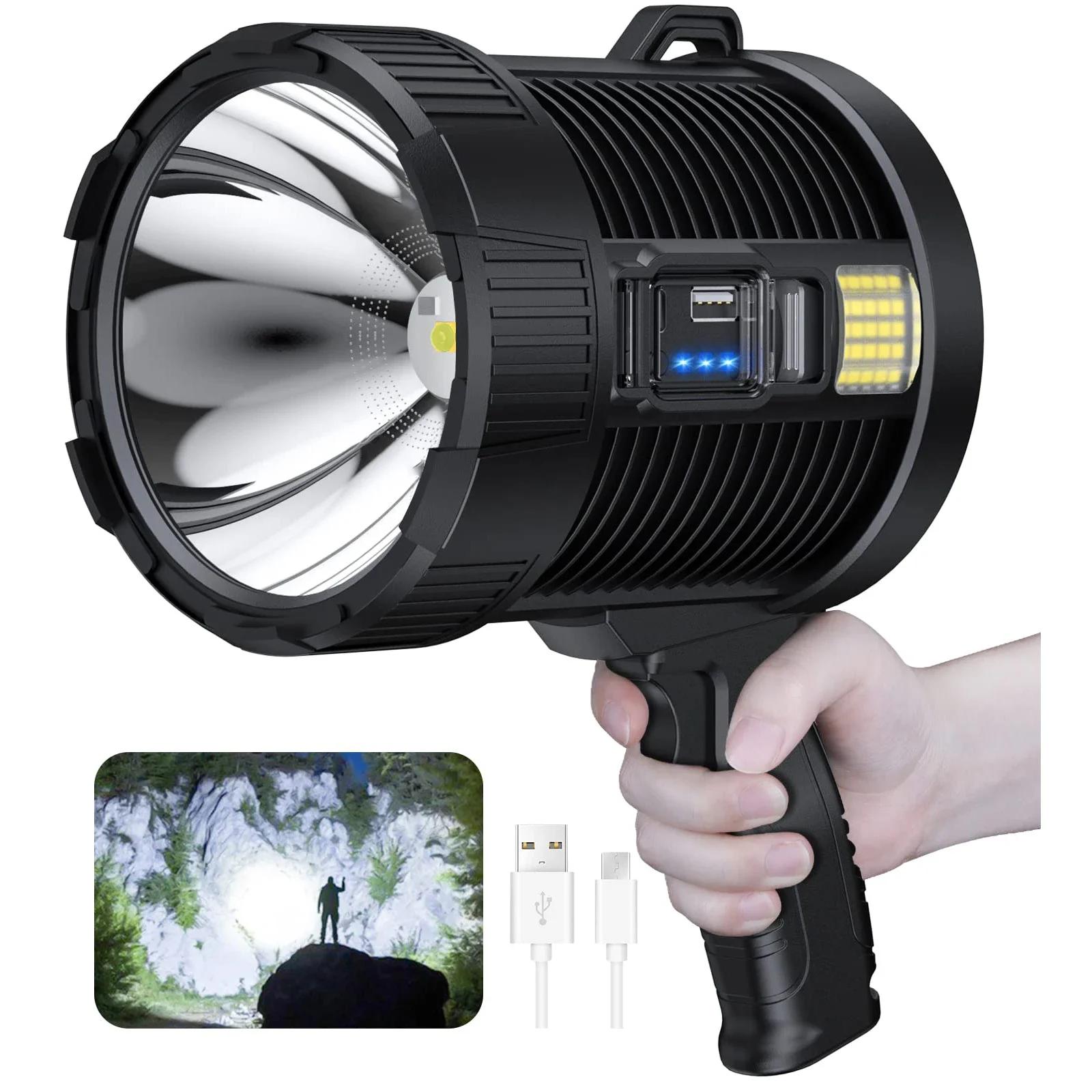 Rechargeable Spotlight 100000 Lumens Led Spot Lights Handheld Large Flashlight Super Bright Outdoor Solar Spotlights Searchlight