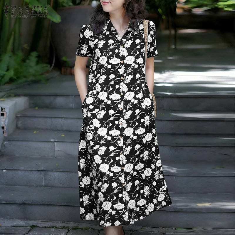 

ZANZEA Women's Casual Floral Printing Midi Dress Turn-Down Collar Short Sleeve Button Up Shirt Dress Bohemian Summer Clothes 3XL