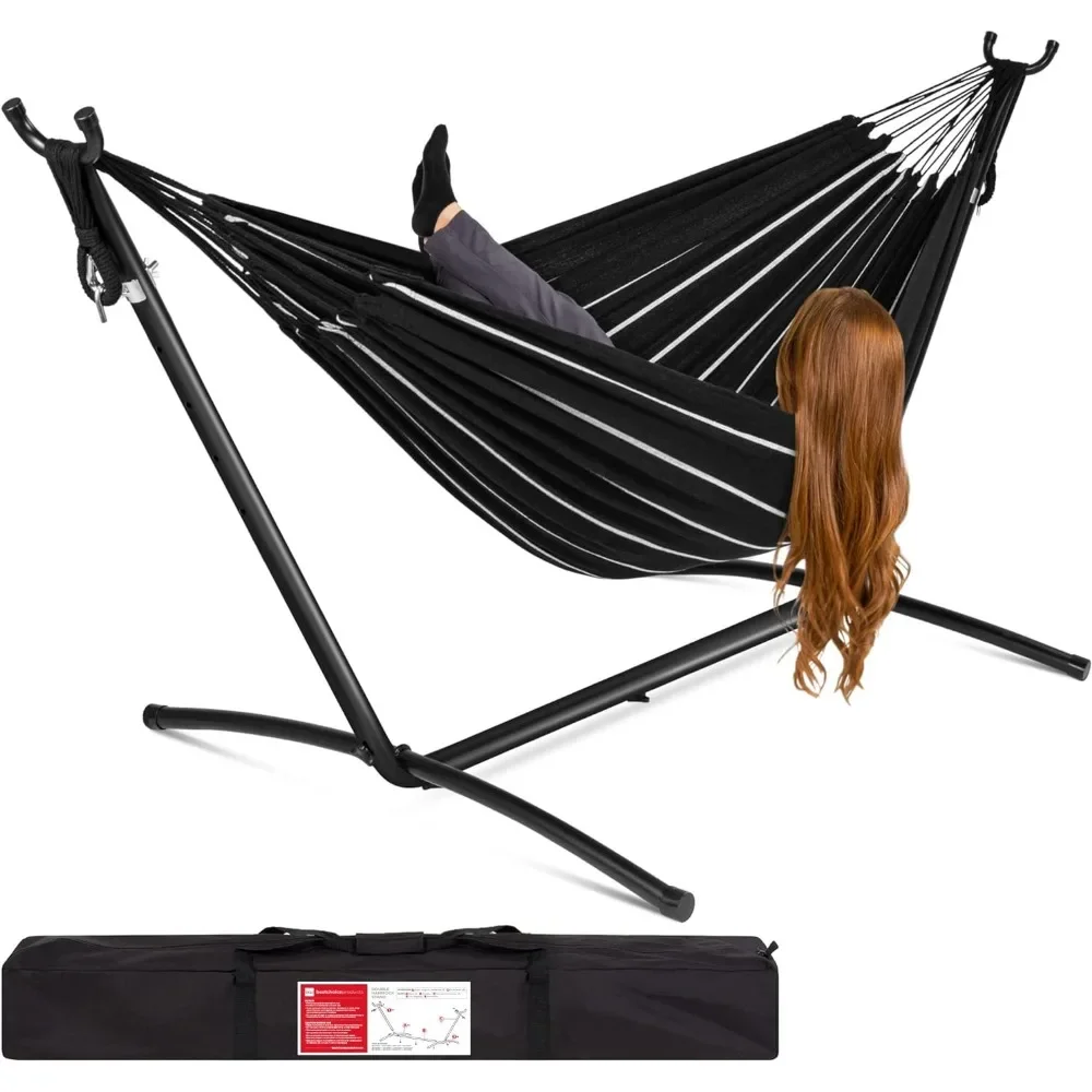 Double Hammock with Steel Stand, Indoor Outdoor Brazilian-Style Cotton Bed w/Carrying Bag, 2-Person Capacit