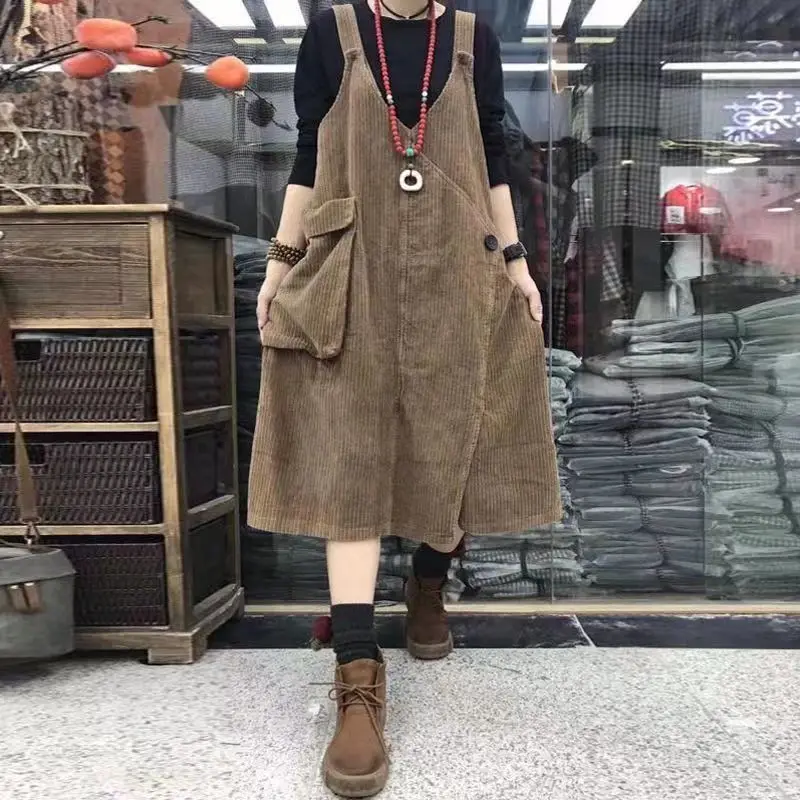 Autumn Winter Loose Retro plus Size Women's Thin Corduroy Halter Dress Meat Concealing Slimming Age Reducing Trendy Skirt