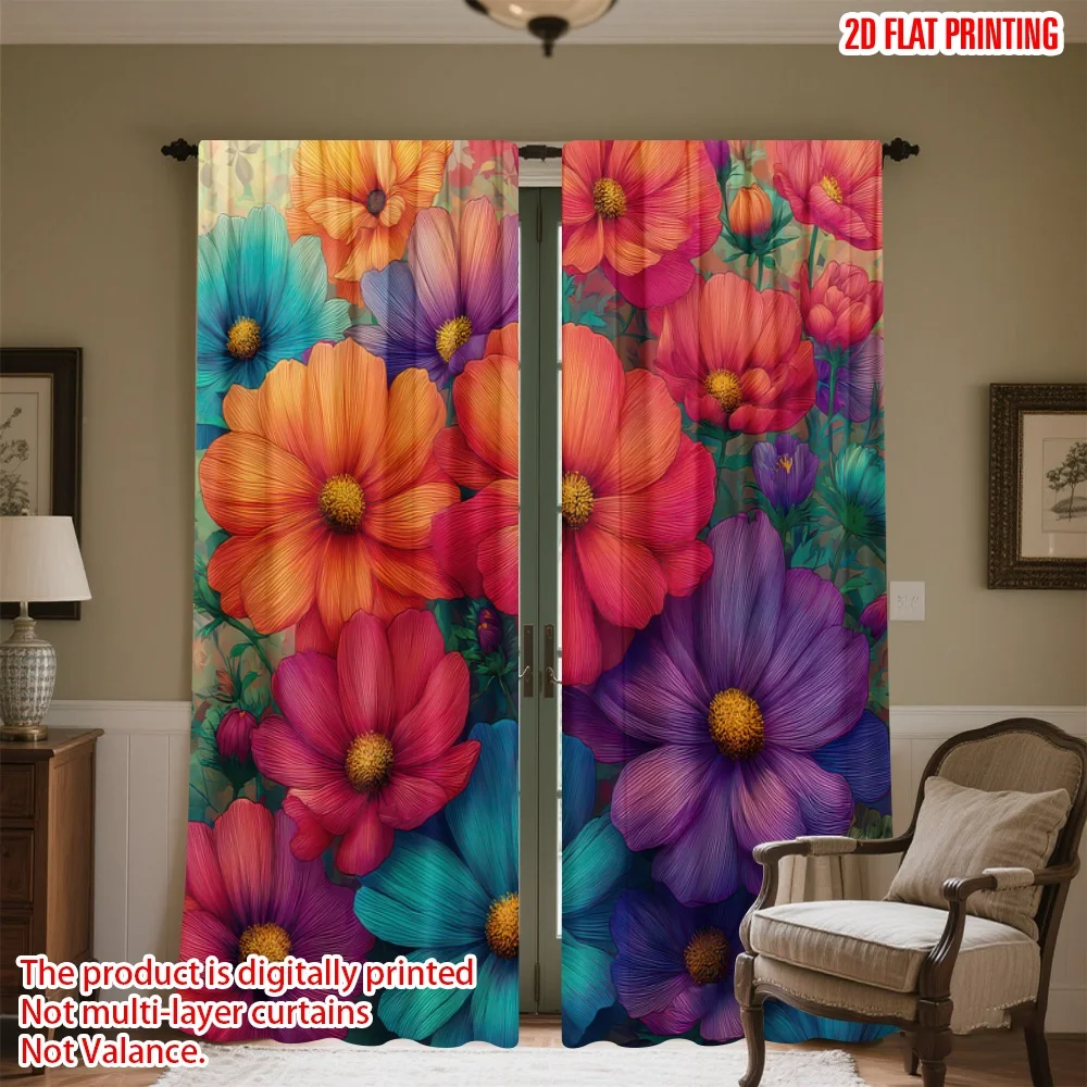 

2D flat printing 2pcs Drapes Vibrant Flower Bouquet Digital Printed Polyester Drapes Festive Holiday for Festive and Winter