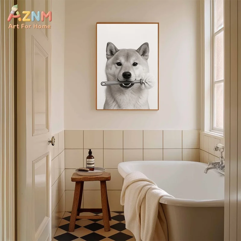 AZNM Black White Funny Animal Canvas Wall Art Husky Parrot Owl Raccoon Otter Squirrel Toilet Brush Bathroom Decor Unframed Canva