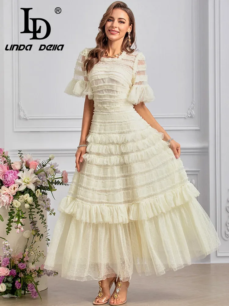 LD LINDA DELLA 2024 Summer Luxury Dress Women's Vintage Solid Color Net Yarn Polka Dot Print Cascading Ruffle Flutter Dresses