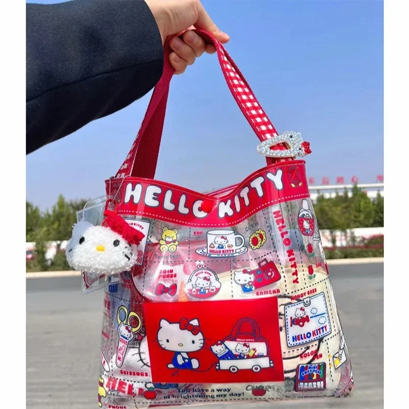 Kawaii Sanrio Anime Hello Kitty Pvc Large Capacity Shoulder Bag Cute Cartoon Waterproof Shopping Bag Student Handbag Gifts