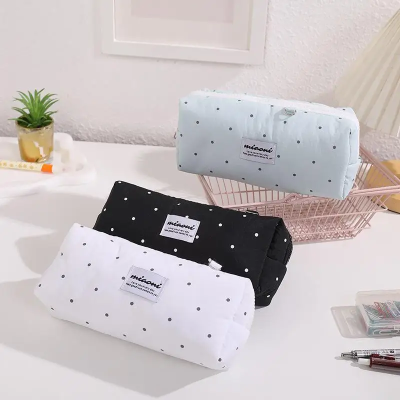 1Pcs Cute Simple Pink Polka Dot Pencil Pouch Large Capacity Multiuse Stationery Bag for Primary School Students Use