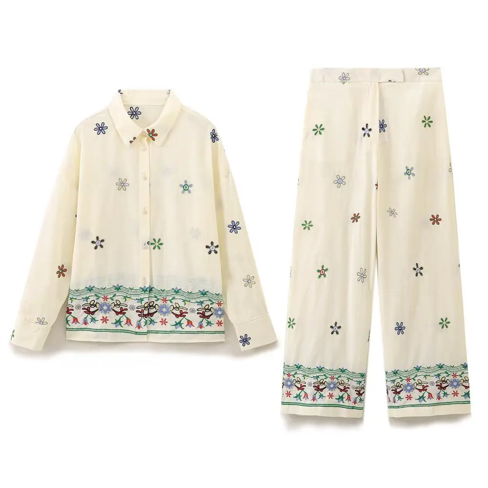 

PB&ZA2025 Summer New Women's Fashion Collar Flower Embroidered Shirt High Waist Casual Pants Set