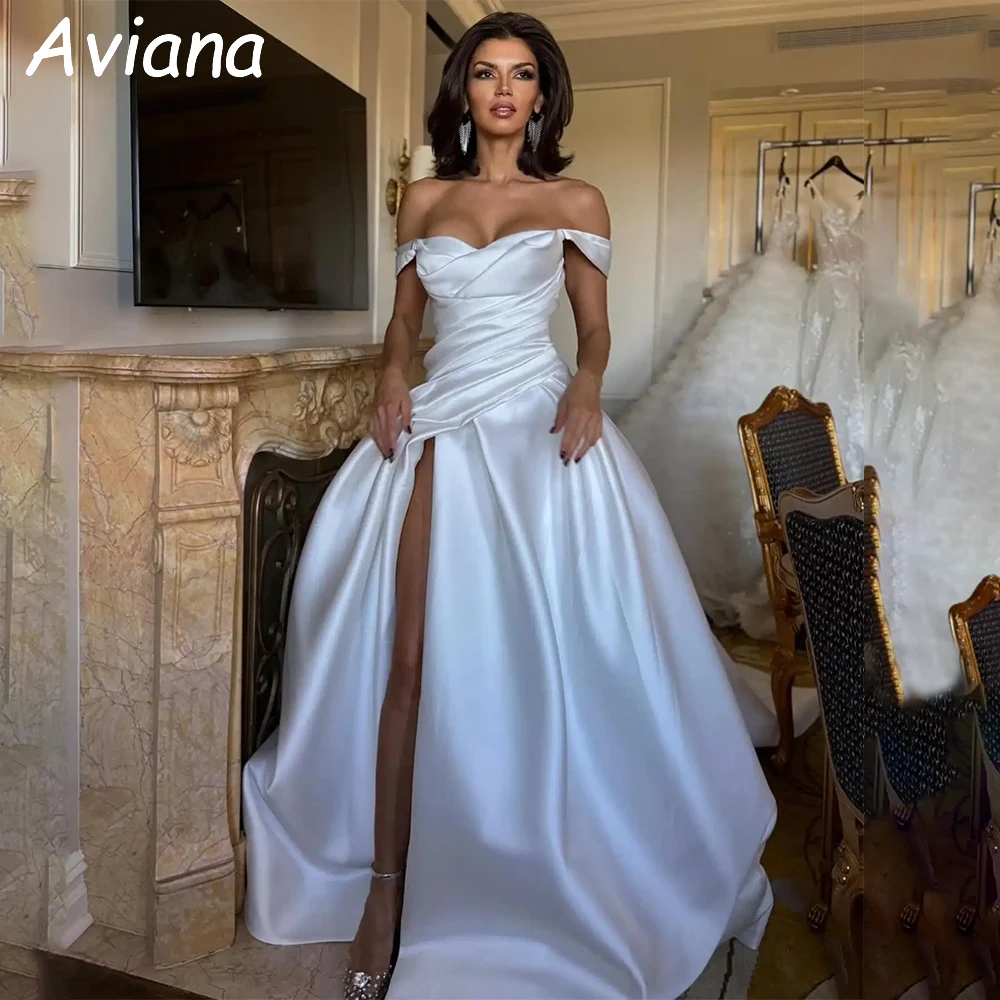 Personalizado elegante branco cetim vestidos de casamento fora do ombro até o chão vestido de noiva feminino longo vestidos de novias 2025