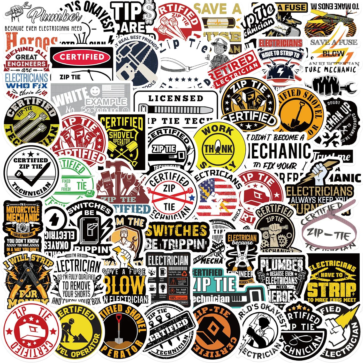 65PCS Funny Machinist Zip Tie Stickers Engineer Cartoon Decals Toy DIY Luggage Laptop Phone Car Bike Skateboard Sticker