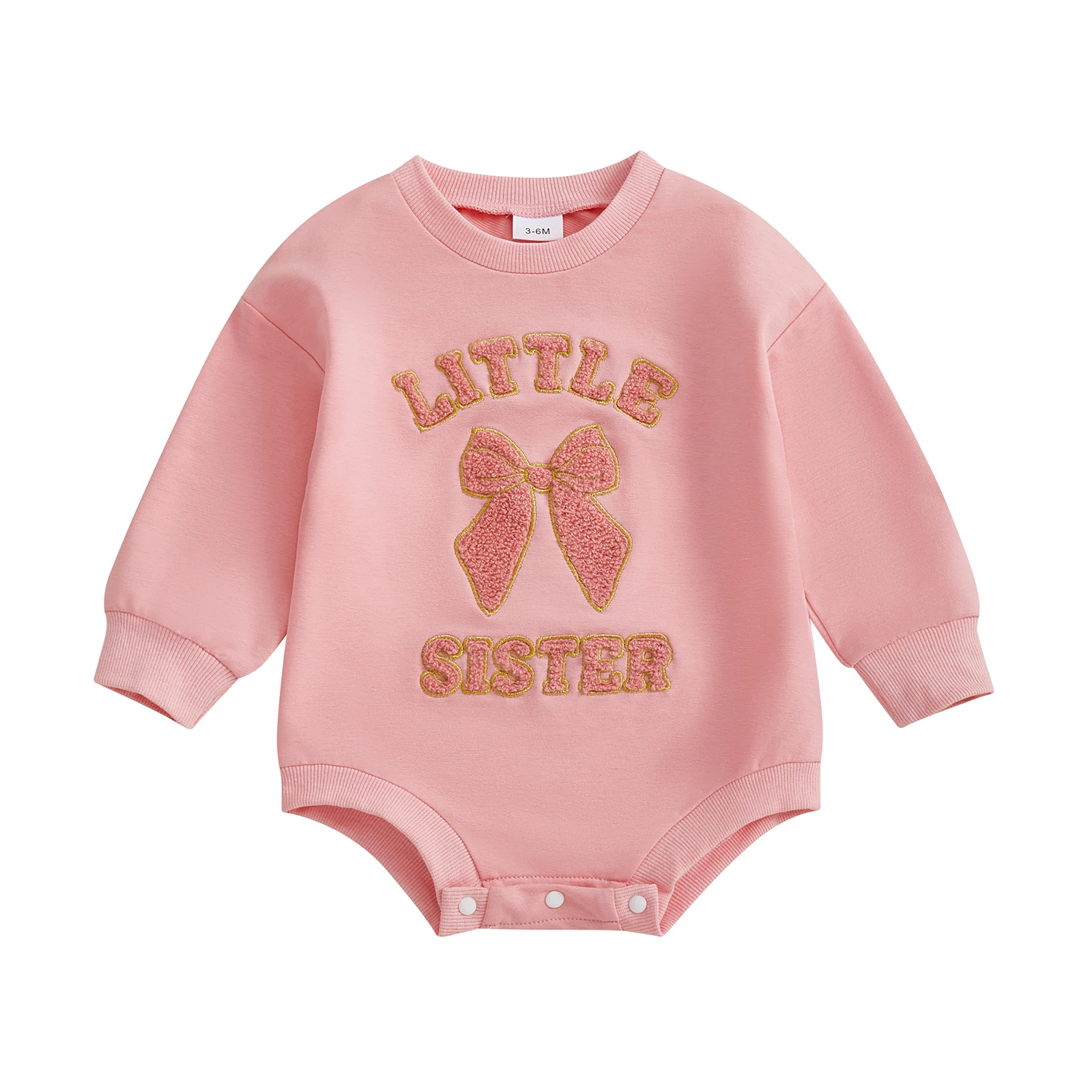 

Infant Girl Autumn Romper with Oversized Fit Embroidered Letters and Adorable Bow Detail on Crew Neck - Cozy Long Sleeve