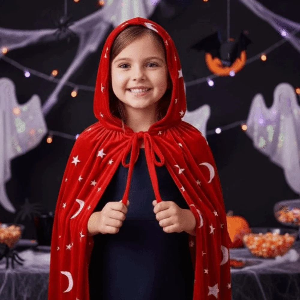 Tie Up Closure Velvet Hooded Cloak Soft Fabric Flowy Drape Star Moon Cape Wrinkle Resistant Rich Texture Costume Robe
