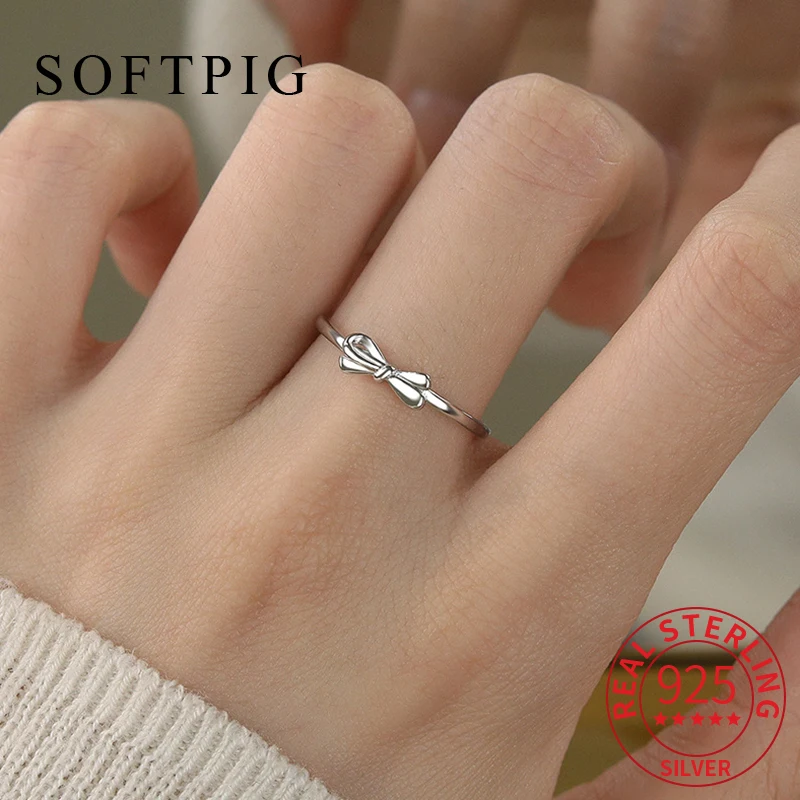 SOFTPIG Real 925 Sterling Silver Bowknot Adjustable Ring For Fashion Women Party Cute Fine Jewelry 2024 Summer Accessories