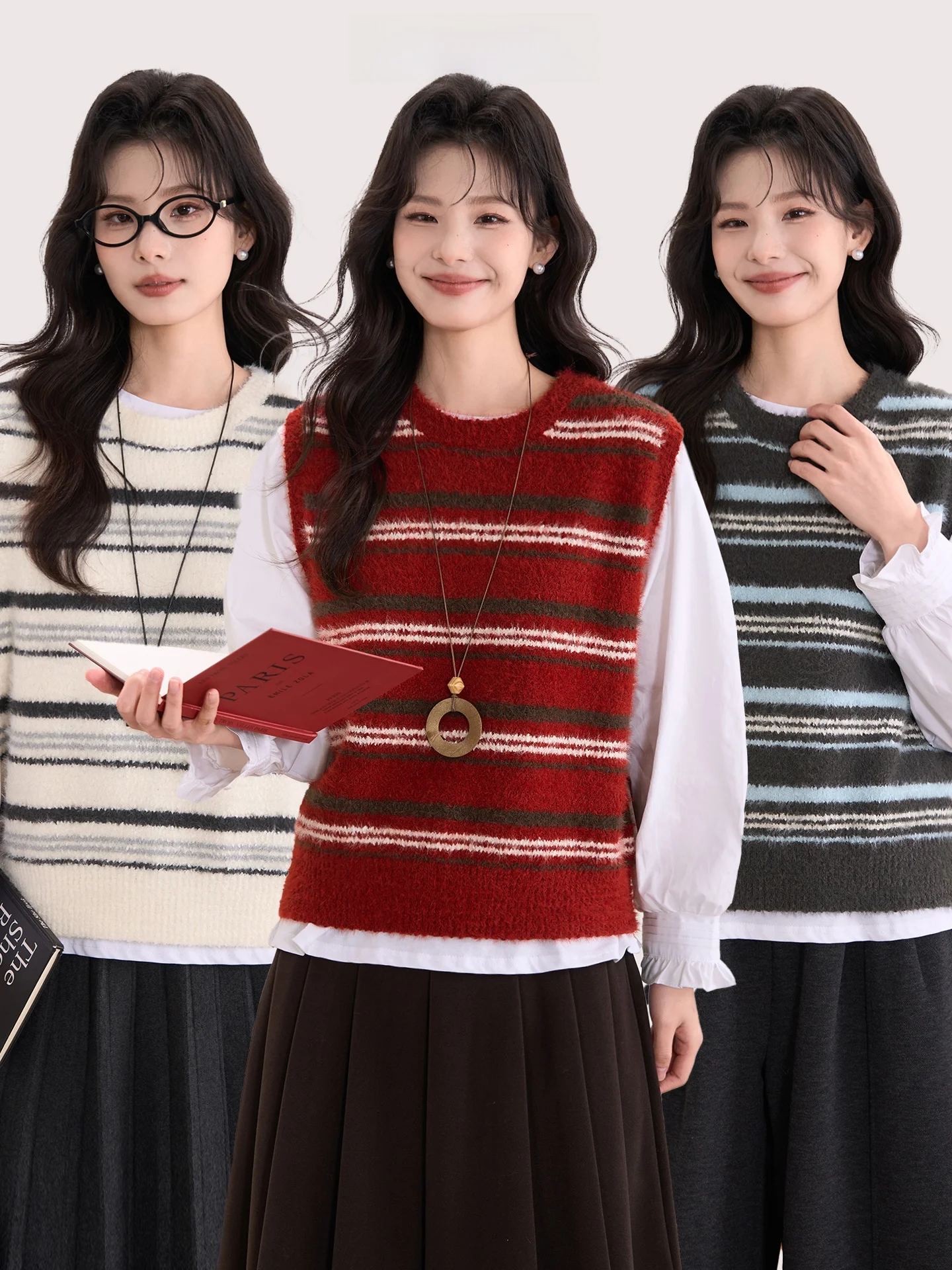

Heme Lazy Constant Water Rabbit Fur Stripe Knitted Vest Shirt T-Shirt Two-Piece Set Women Loose Fit Daily Wear Pure E-commerce