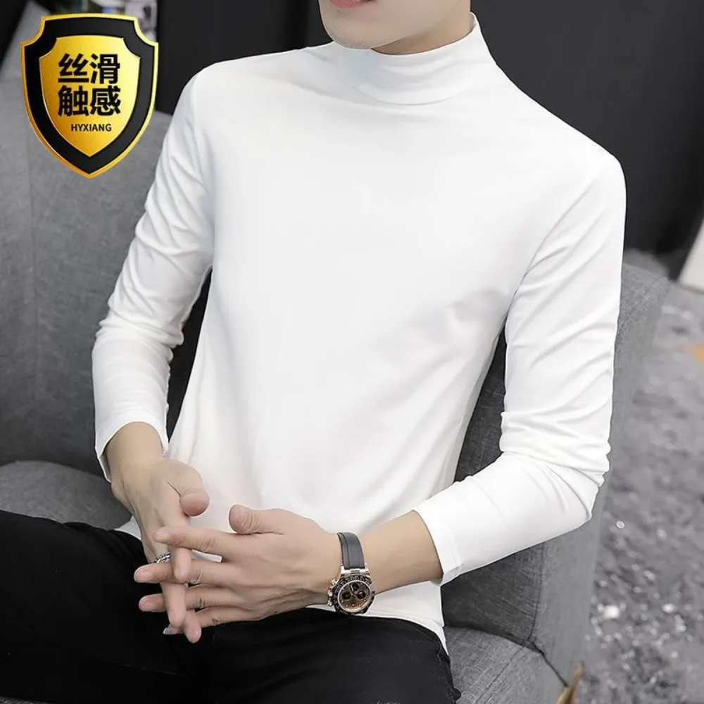 2023 Autumn Winter High Neck Long Sleeve T-Shirt Men\'s Stretch Bottoming Shirt Pure White Thin T-Shirt Tee Tops Undershirt Man