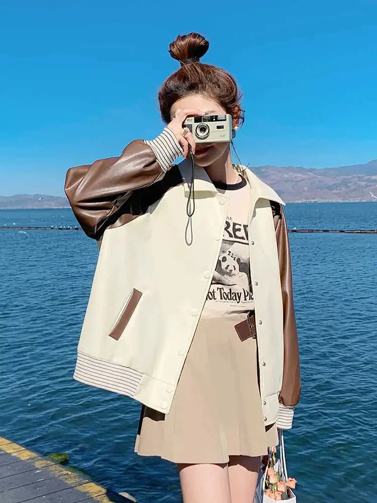 Bloqueio de cor emenda jaqueta de couro do plutônio feminino primavera outono 2025 estilo high-end super bonito pequena motocicleta jaqueta topo