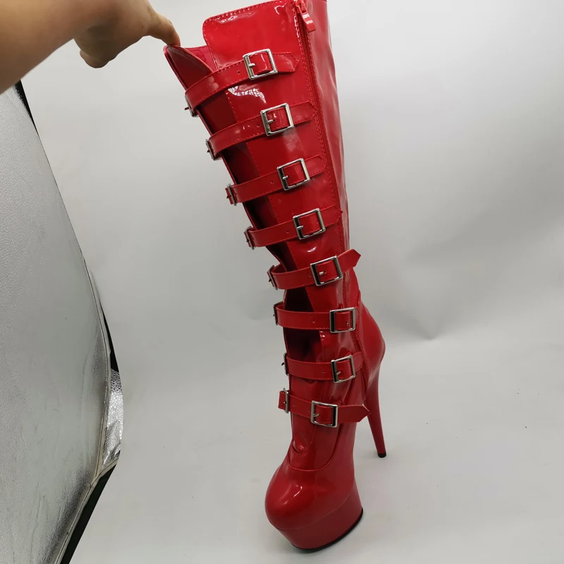 LAIJIANJINXIA New Buckle Black Knee-High Boots Women 15Cm Super High-Heeled Star Fashion Stage Boots Female Red/White