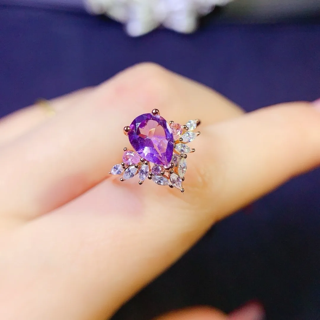 أنيقة تظهر مزاجه الجمشت الطبيعي S925 خاتم فضة شيك المرأة مجوهرات الأزياء وضعتها مصمم موهوب