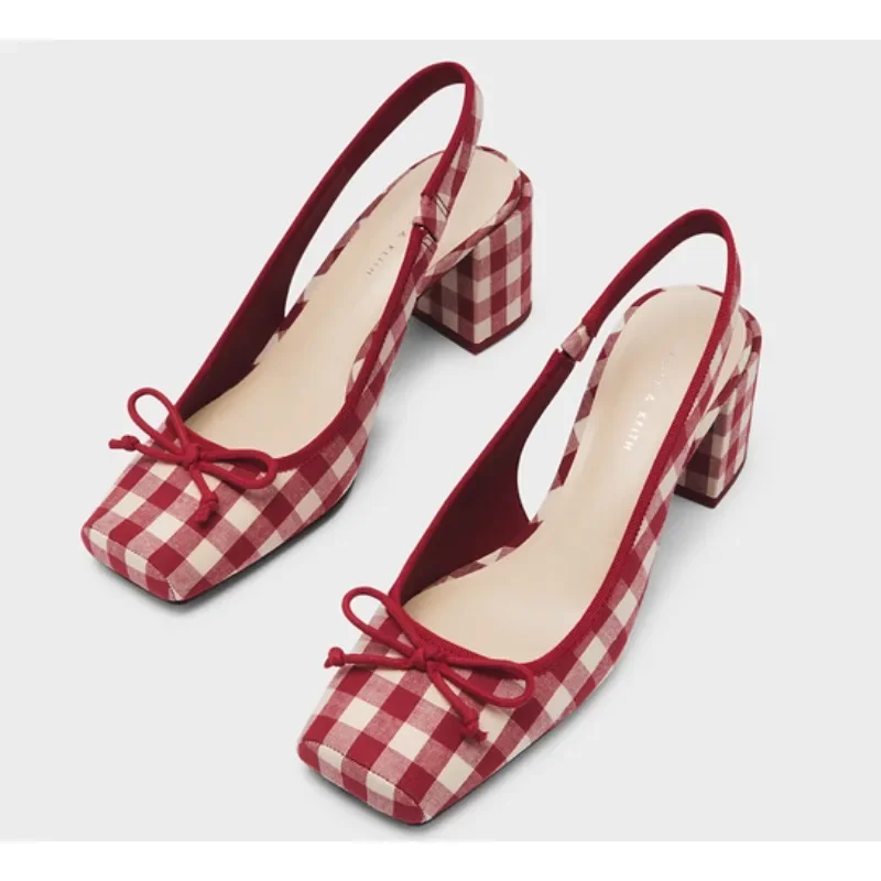 

Women Chunky Heeled Sandals Retro Square Toe Mary Janes Pumps Shoes Slingbacks Spring Summer High Heels Baotou Plaid Shoes