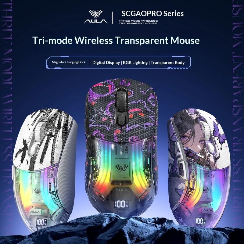 AULA SC630 Pro Transparent Gaming Mouse Tri Mode 24G Bluetooth Wired Wireless With Charging Dock For Desktop Laptop Office