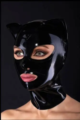 Latex Hood with Cat Ears Back Zipper Handmade Rubber Mask Cosplay Wear