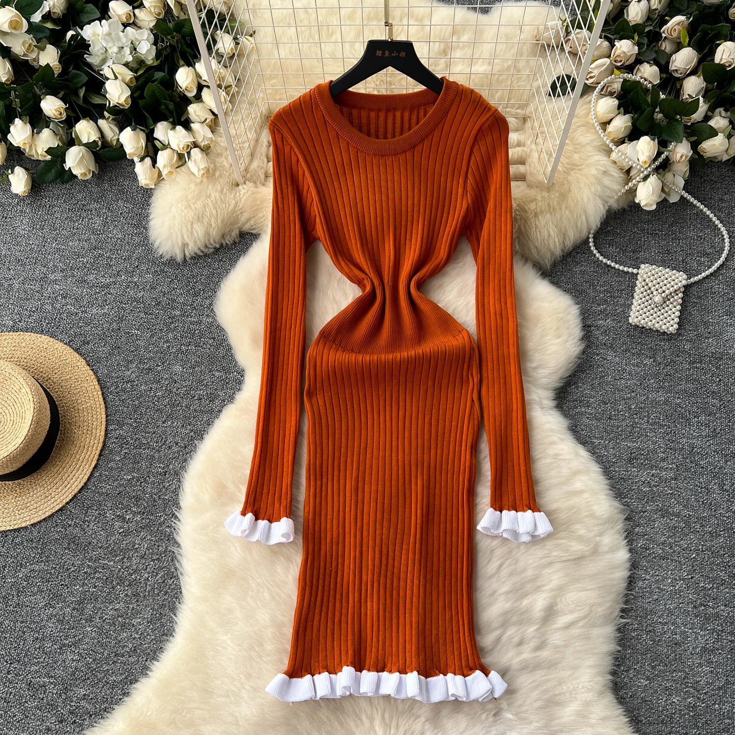 

Retro o neck knit lool sleeve Autumn Winter Elegant summer Dress A-line Vacation basics Women Vestidos dresses